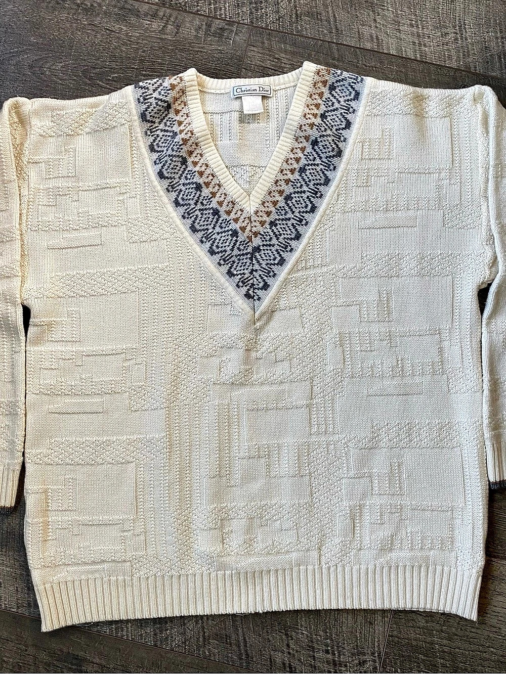 Vintage 1980s Christian Dior Geometric V-Neck Sweater Cream & Blue